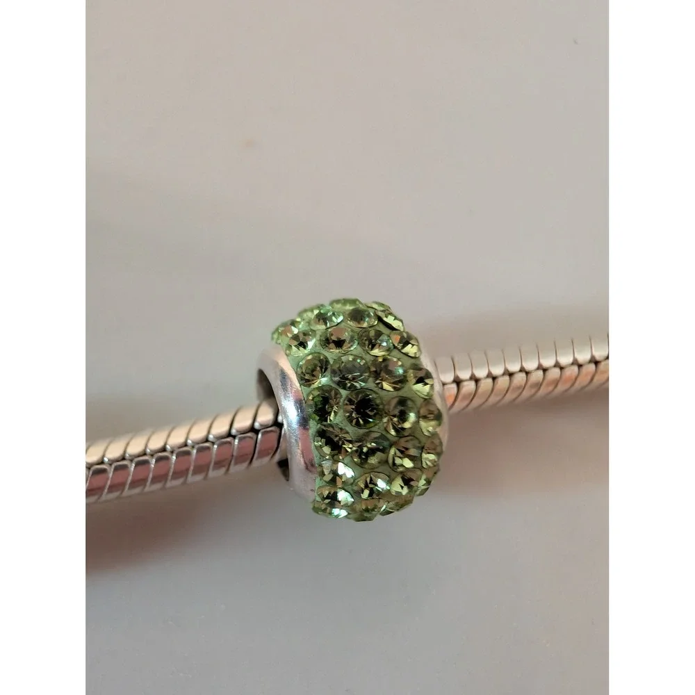 Green Pave Crystal Bead Charm for Snake Chain Bracelet‎ Silver Tone